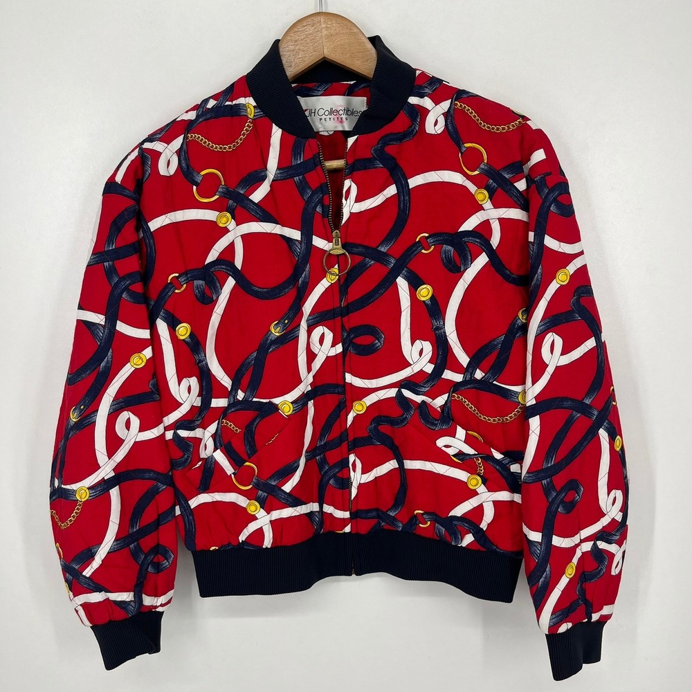JH Collectibles Petites Vintage Red Nautical Chain Print Bomber Jacket Size 2